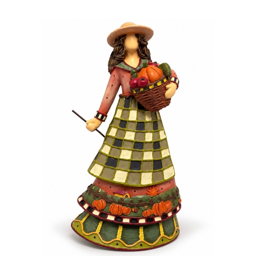 Fall Harvest Lady Figurine Holding Basket of Fruit Pumpkins Thanksgiving Decor